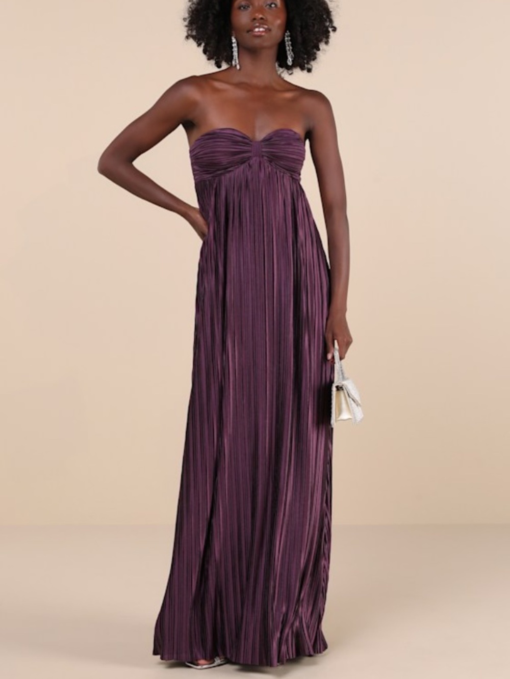 Lulus Whimsical Beauty Dark Purple Satin Plisse Strapless Maxi Dress - Size M